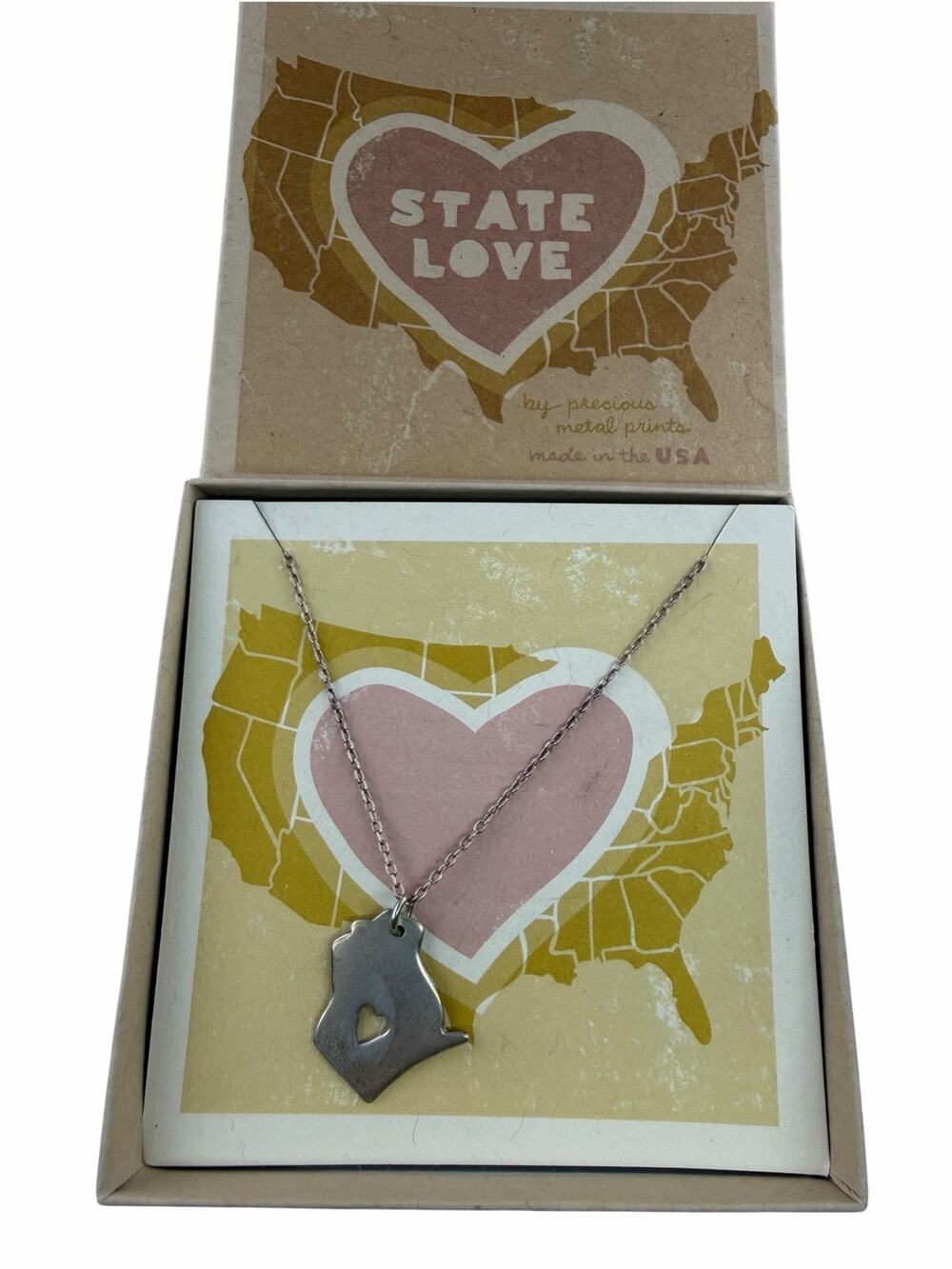 State Love Wisconsin Precious Metal Prints Sterling Silver Necklace Heart